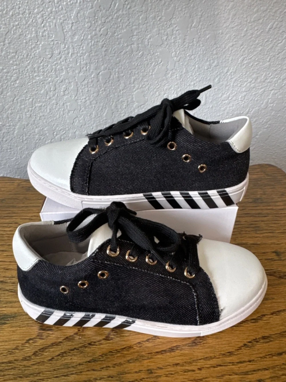 Ruby Label black denim sneakers white leather accents kids size 32 US 1